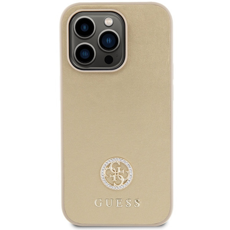Guess GUHCP15LPS4DGPD PU 4G Strass Metal Logo apvalks Apple iPhone 15 Pro, zelta