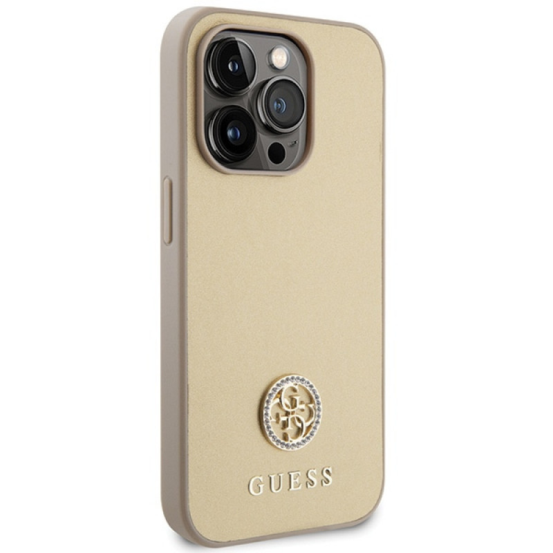 Guess GUHCP15LPS4DGPD PU 4G Strass Metal Logo apvalks Apple iPhone 15 Pro, zelta