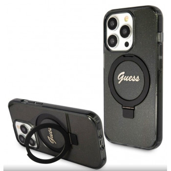 Guess GUHMP15LHRSGSK Ring Stand Script Glitter MagSafe cietais maciņš Apple iPhone 15 Pro, melns