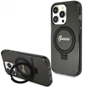 Guess GUHMP15LHRSGSK Ring Stand Script Glitter MagSafe cietais maciņš Apple iPhone 15 Pro, melns