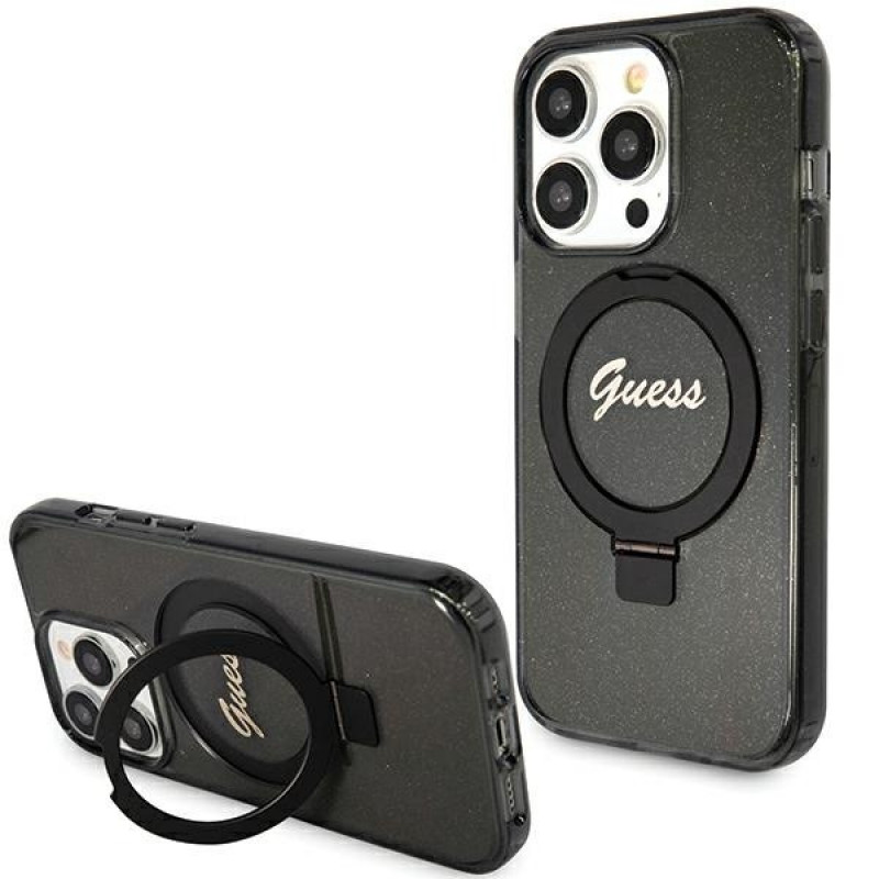 Guess GUHMP15LHRSGSK Ring Stand Script Glitter MagSafe cietais maciņš Apple iPhone 15 Pro, melns