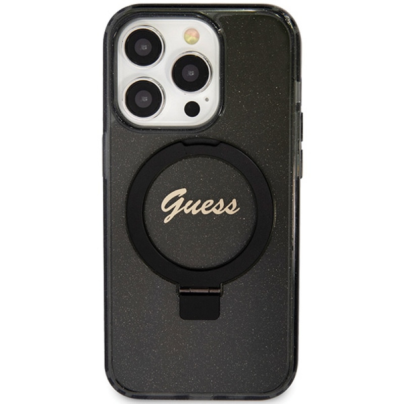 Guess GUHMP15LHRSGSK Ring Stand Script Glitter MagSafe cietais maciņš Apple iPhone 15 Pro, melns
