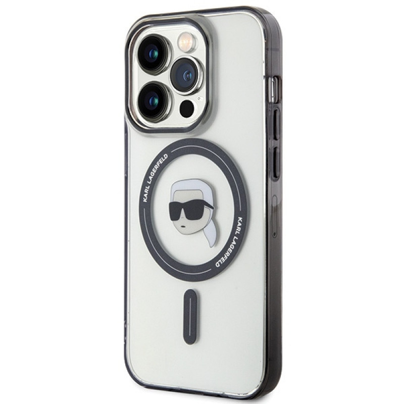 Karl Lagerfeld KLHMP15LHKHNOTK IML Karl's Head MagSafe cietais maciņš Apple iPhone 15 Pro, caurspīdīgs