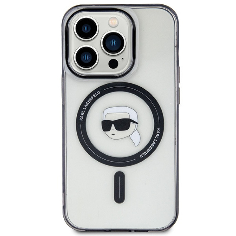 Karl Lagerfeld KLHMP15LHKHNOTK IML Karl's Head MagSafe cietais maciņš Apple iPhone 15 Pro, caurspīdīgs