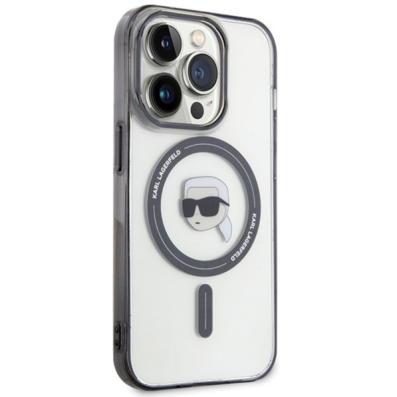 Karl Lagerfeld KLHMP15LHKHNOTK IML Karl's Head MagSafe cietais maciņš Apple iPhone 15 Pro, caurspīdīgs