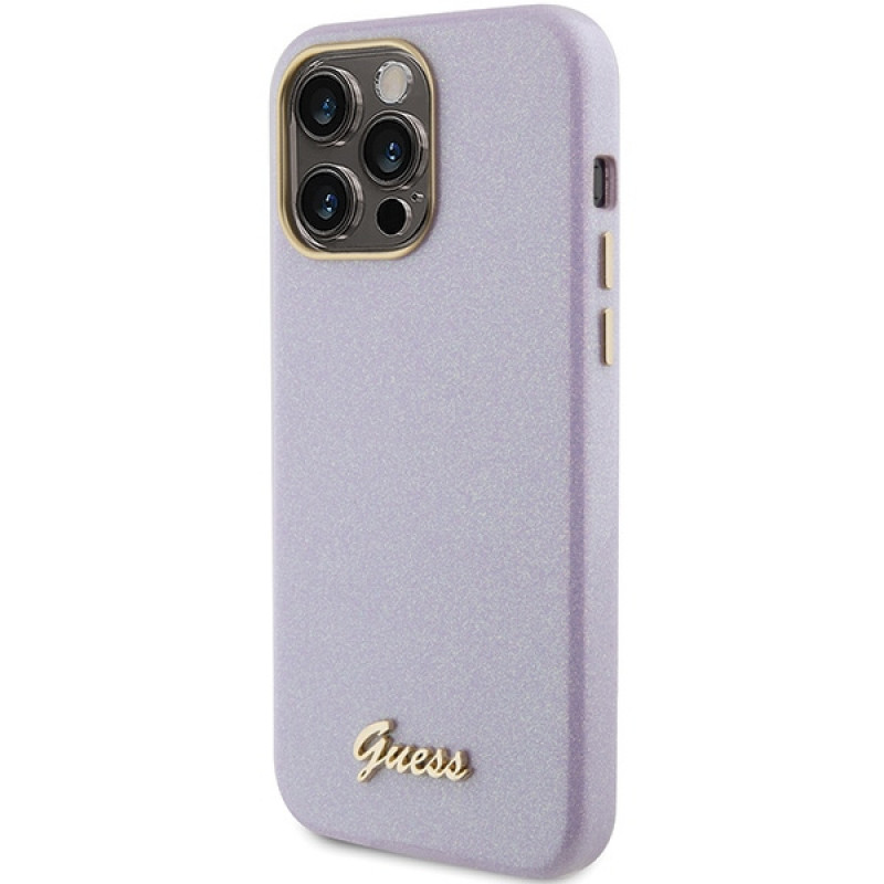 Guess GUHCP15XPGMCSL Glitter Glossy Script cietais maciņš Apple iPhone 15 Pro Max, ceriņkrāsā
