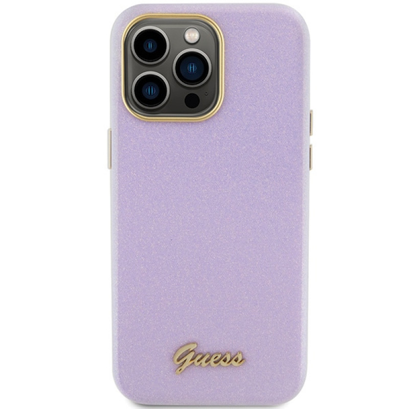 Guess GUHCP15XPGMCSL Glitter Glossy Script cietais maciņš Apple iPhone 15 Pro Max, ceriņkrāsā