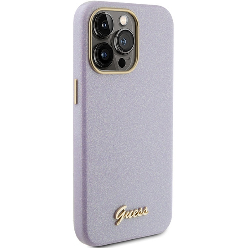 Guess GUHCP15XPGMCSL Glitter Glossy Script cietais maciņš Apple iPhone 15 Pro Max, ceriņkrāsā