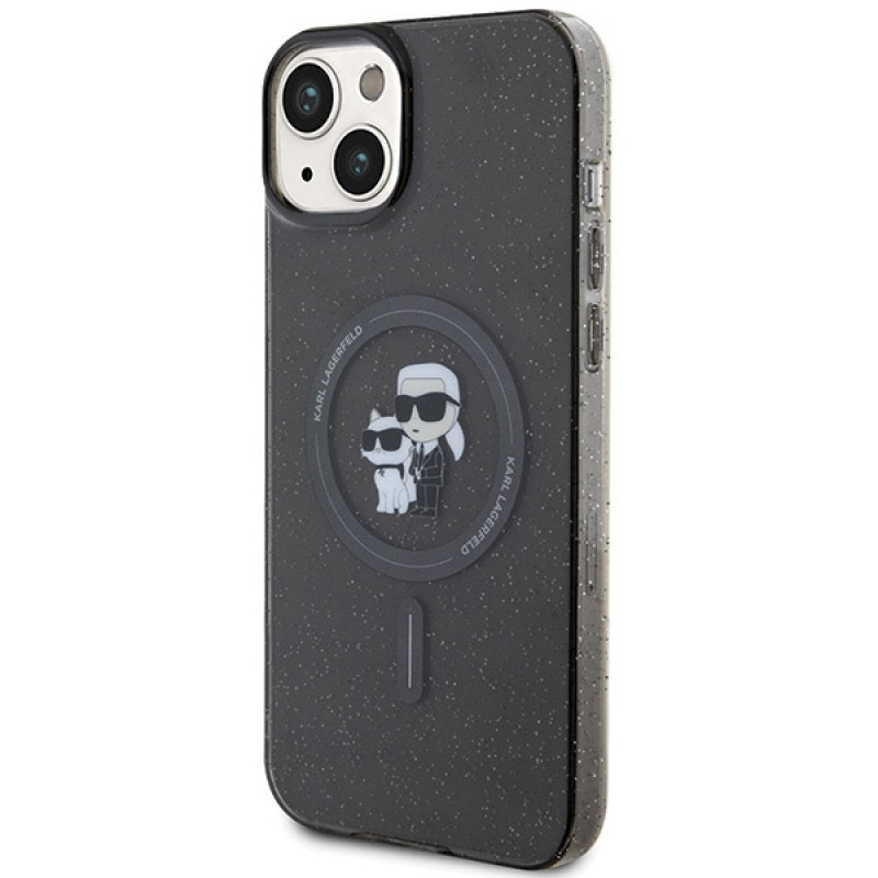 Karl Lagerfeld KLHMP15SHGKCNOK Karl&Choupette Glitter MagSafe cietais maciņš Apple iPhone 15, melns