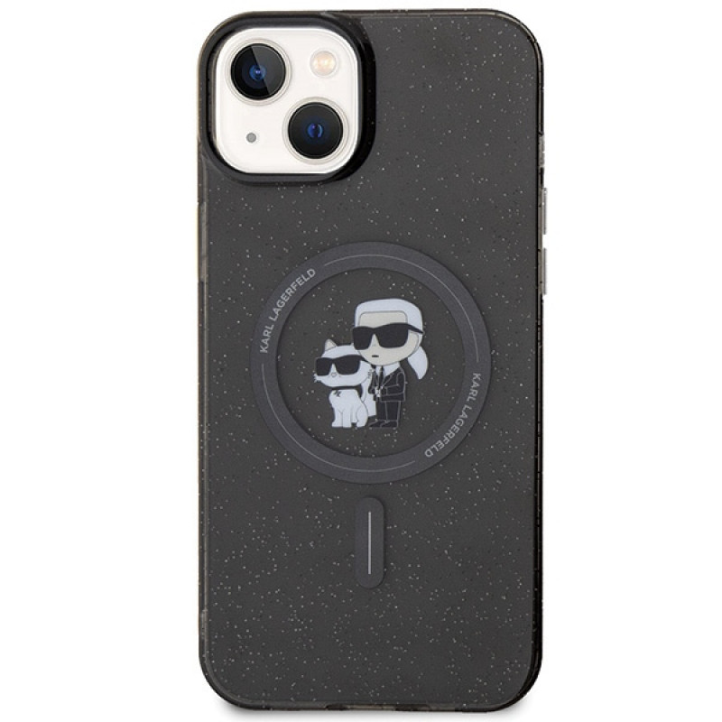 Karl Lagerfeld KLHMP15SHGKCNOK Karl&Choupette Glitter MagSafe cietais maciņš Apple iPhone 15, melns
