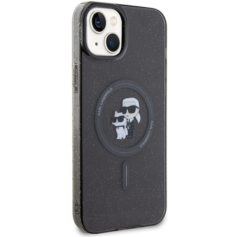 Karl Lagerfeld KLHMP15SHGKCNOK Karl&Choupette Glitter MagSafe cietais maciņš Apple iPhone 15, melns