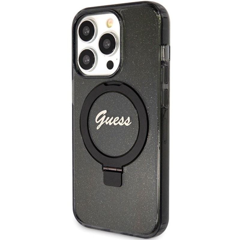 Guess GUHMP15XHRSGSK Ring Stand Script Glitter MagSafe cietais maciņš Apple iPhone 15 Pro Max, melns