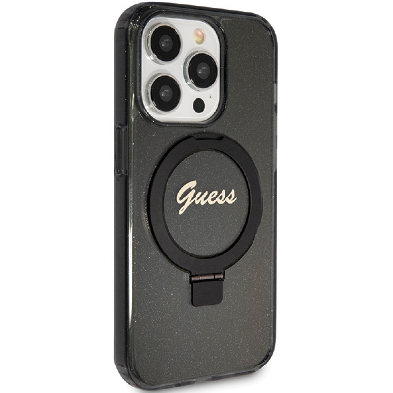 Guess GUHMP15XHRSGSK Ring Stand Script Glitter MagSafe cietais maciņš Apple iPhone 15 Pro Max, melns