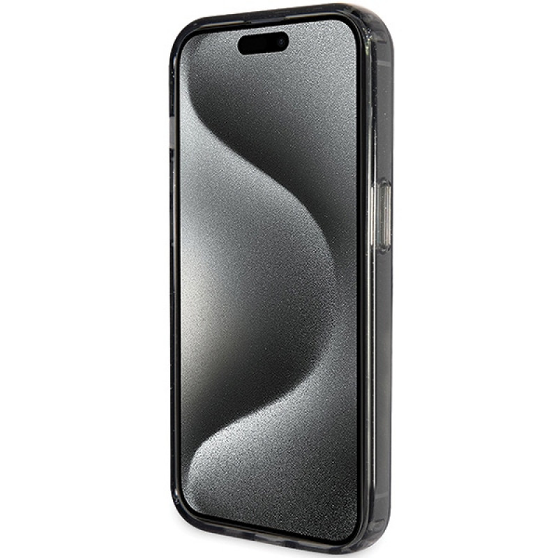 Guess GUHMP15XHRSGSK Ring Stand Script Glitter MagSafe cietais maciņš Apple iPhone 15 Pro Max, melns