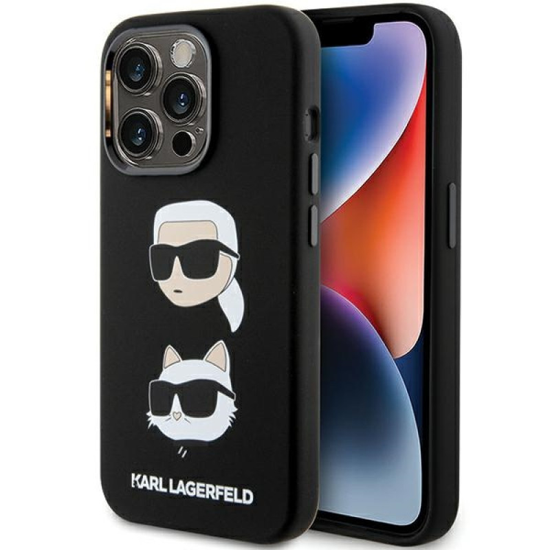 Karl Lagerfeld KLHCP15XSDHKCNK šķidrā silikona futrālis Karl and Choupette Heads Apple iPhone 15 Pro Max, melns