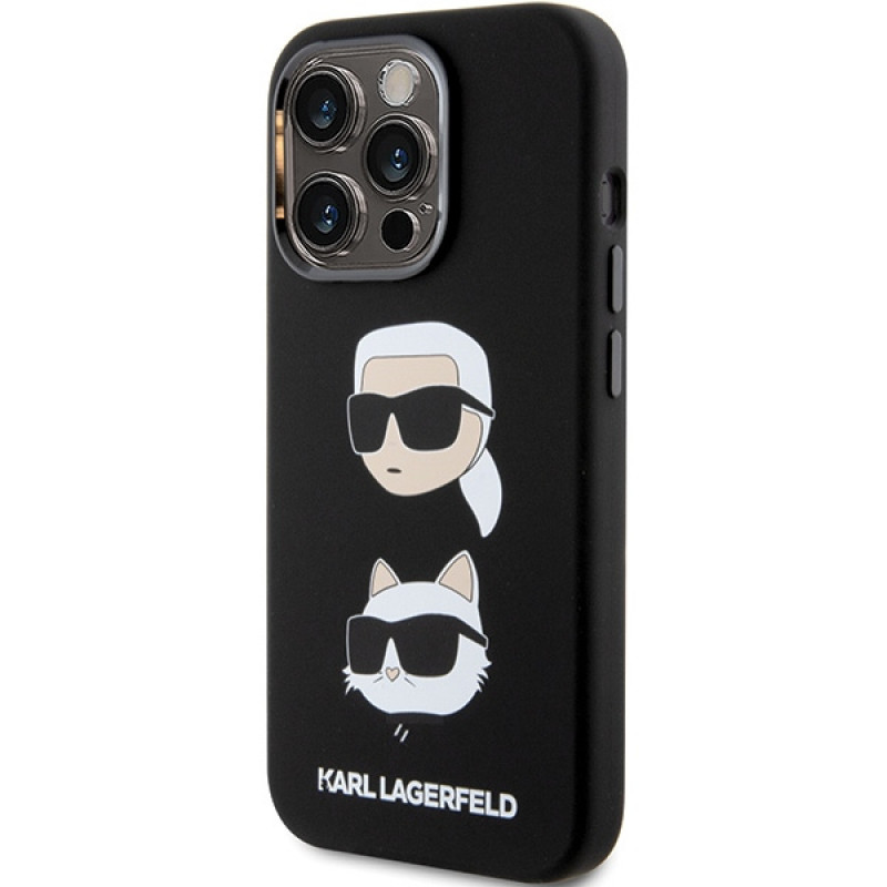 Karl Lagerfeld KLHCP15XSDHKCNK šķidrā silikona futrālis Karl and Choupette Heads Apple iPhone 15 Pro Max, melns