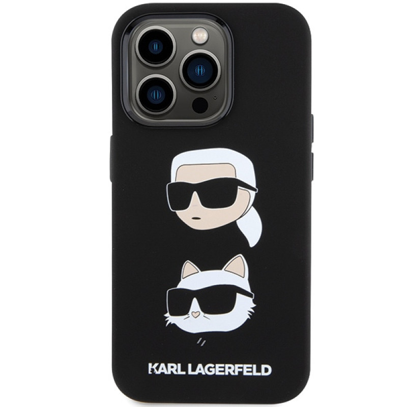 Karl Lagerfeld KLHCP15XSDHKCNK šķidrā silikona futrālis Karl and Choupette Heads Apple iPhone 15 Pro Max, melns