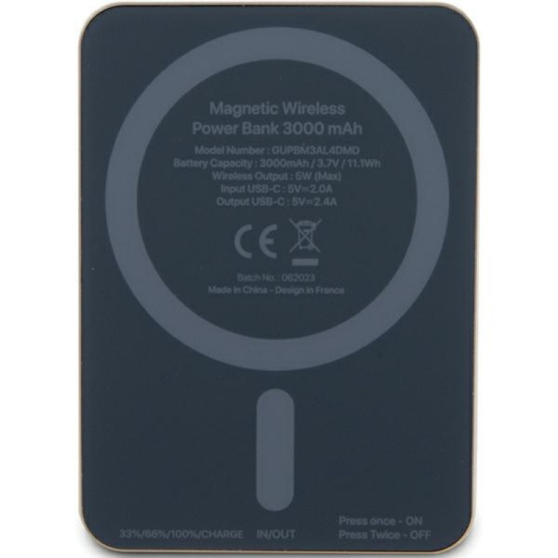 Guess GUPBM3AL4DMD Powerbank 3000 mAh, 5 W, MagSafe 4G Strassed Metal Logo, zelta