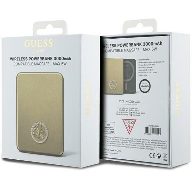 Guess GUPBM3AL4DMD Powerbank 3000 mAh, 5 W, MagSafe 4G Strassed Metal Logo, zelta
