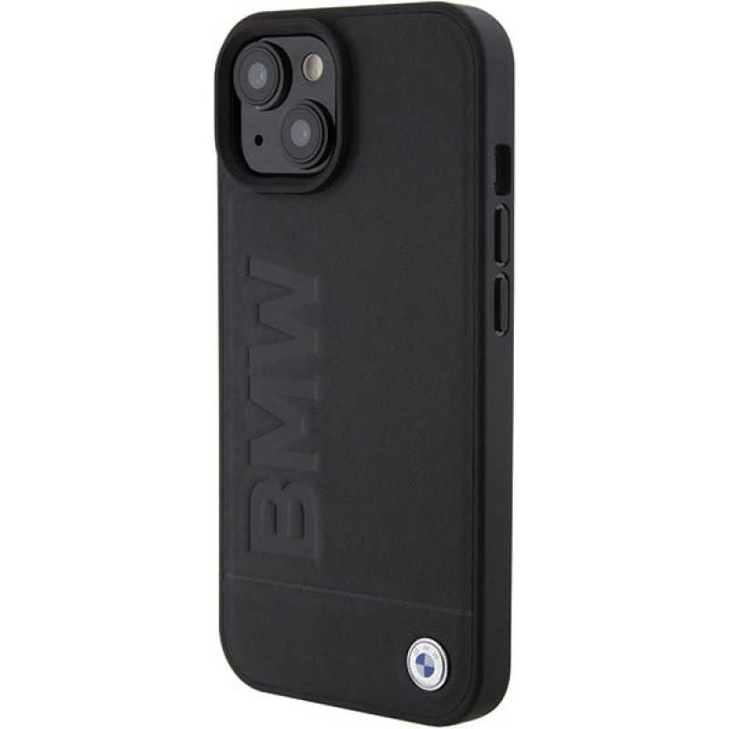 BMW BMHCP15MSLLBK Leather Hot Stamp cietais maciņš Apple iPhone 15 Plus / 14 Plus, melns