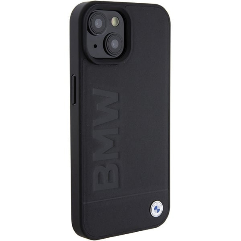 BMW BMHCP15MSLLBK Leather Hot Stamp cietais maciņš Apple iPhone 15 Plus / 14 Plus, melns