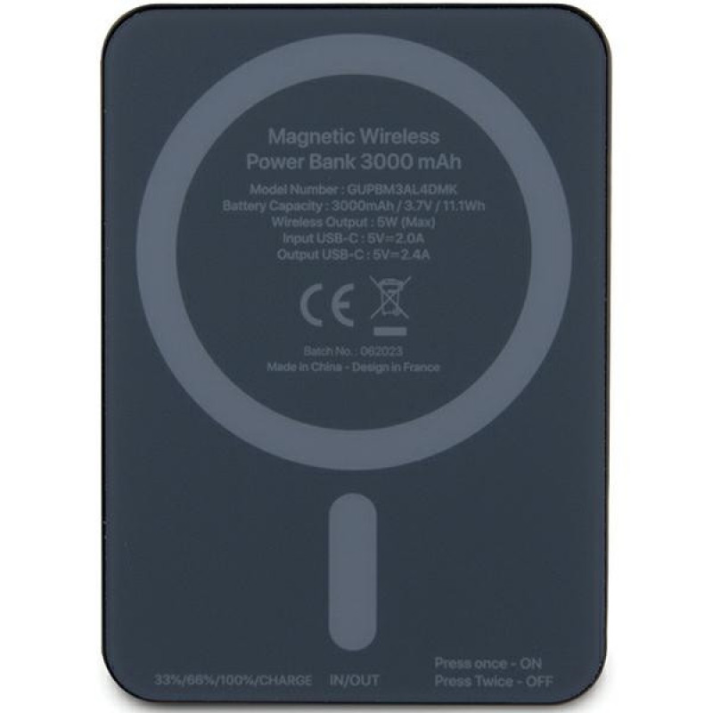 Guess GUPBM3ALGSGK ārējais akumulators 3000 mAh, 5 W, MagSafe Metal Script Logo, melns