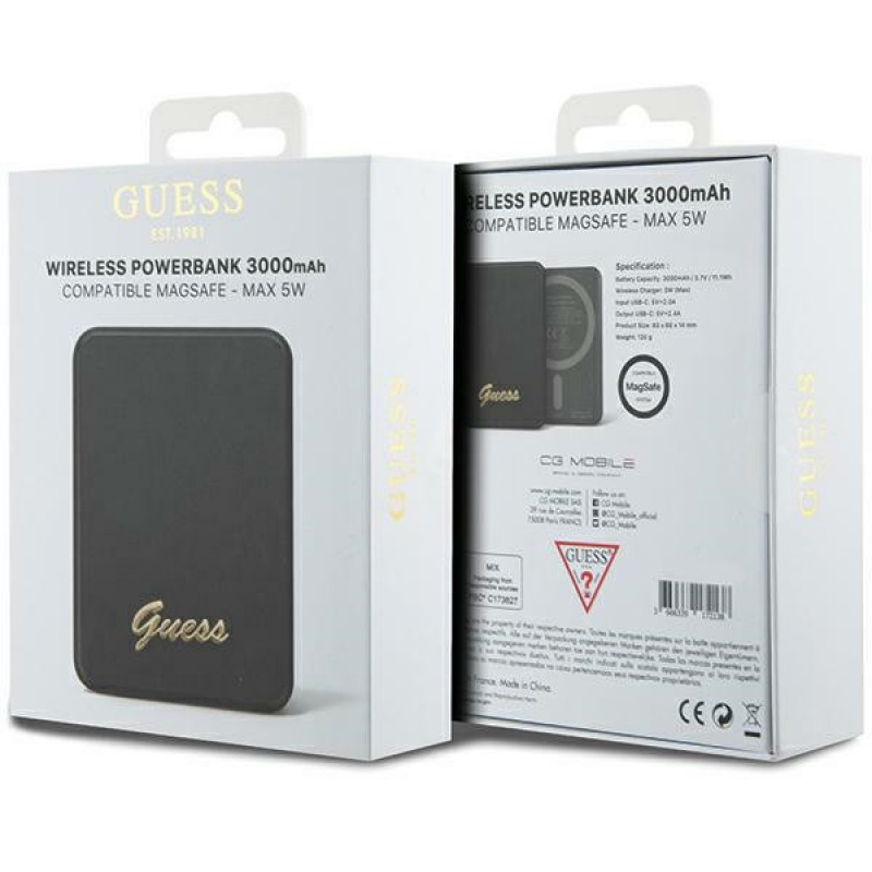 Guess GUPBM3ALGSGK ārējais akumulators 3000 mAh, 5 W, MagSafe Metal Script Logo, melns