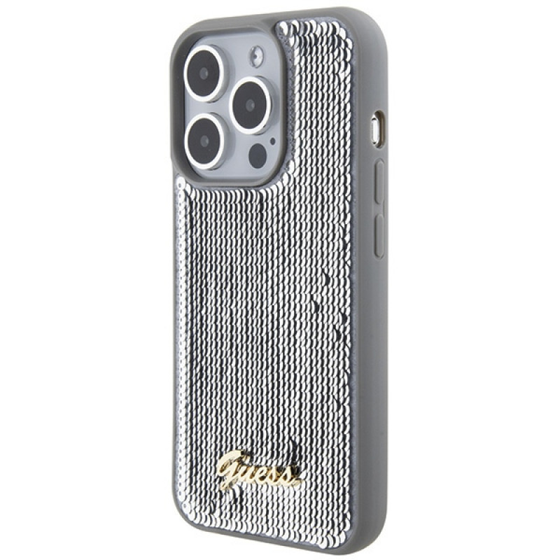 Guess GUHCP15LPSFDGSS Sequin Script Metal cietais maciņš Apple iPhone 15 Pro, sudraba