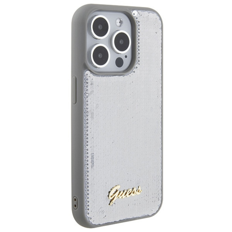 Guess GUHCP15LPSFDGSS Sequin Script Metal cietais maciņš Apple iPhone 15 Pro, sudraba