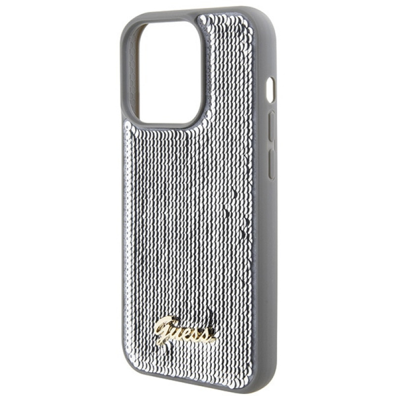 Guess GUHCP15LPSFDGSS Sequin Script Metal cietais maciņš Apple iPhone 15 Pro, sudraba