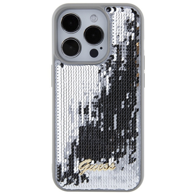 Guess GUHCP15XPSFDGSS Sequin Script Metal cietais maciņš Apple iPhone 15 Pro Max, sudraba