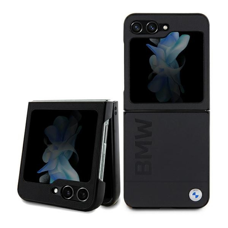 BMW BMHCZF5SLLBK Leather Hot Stamp cietais futrālis Samsung Galaxy Z Flip5, melns