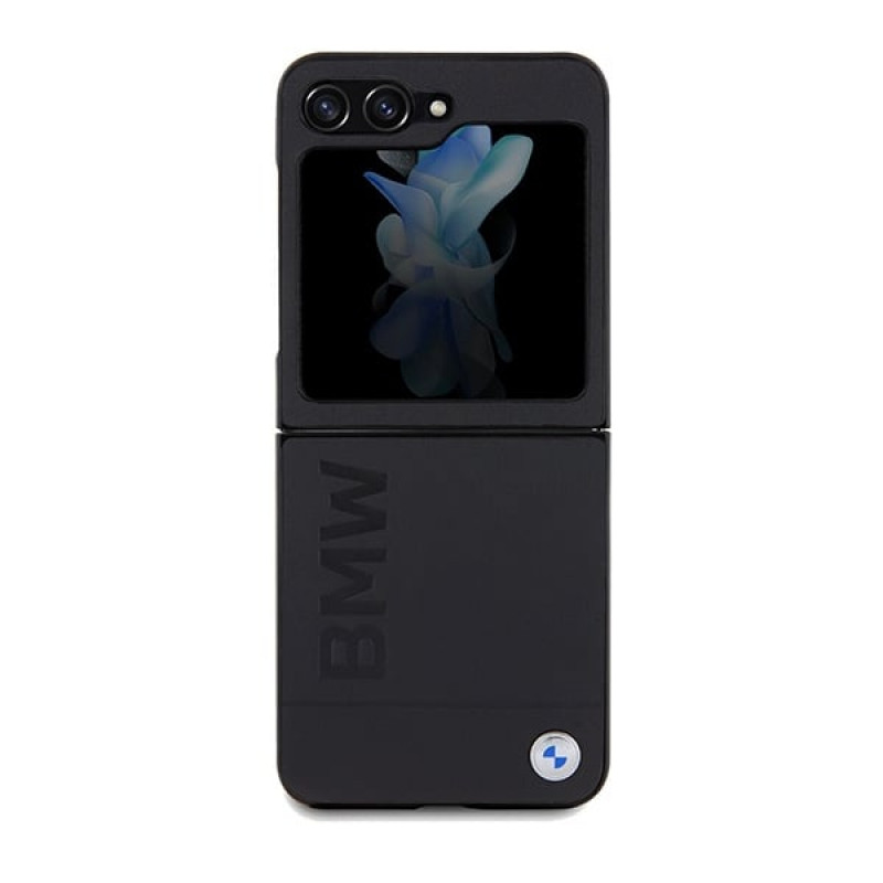 BMW BMHCZF5SLLBK Leather Hot Stamp cietais futrālis Samsung Galaxy Z Flip5, melns