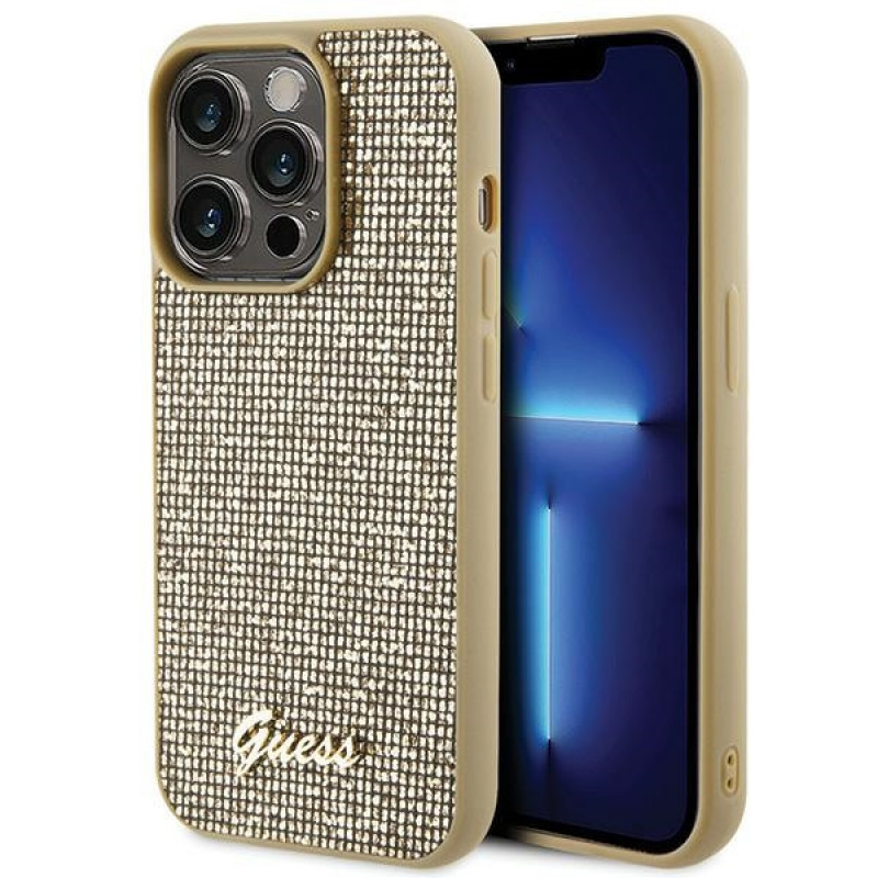 Guess GUHCP15LPMSDGSD Disco Metal Script cietais maciņš Apple iPhone 15 Pro, zelta
