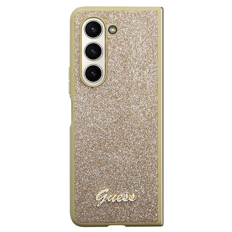 Guess GUHCZFD5HGGSHD Glitter Script cietais maciņš Samsung Galaxy Z Fold5, zelta