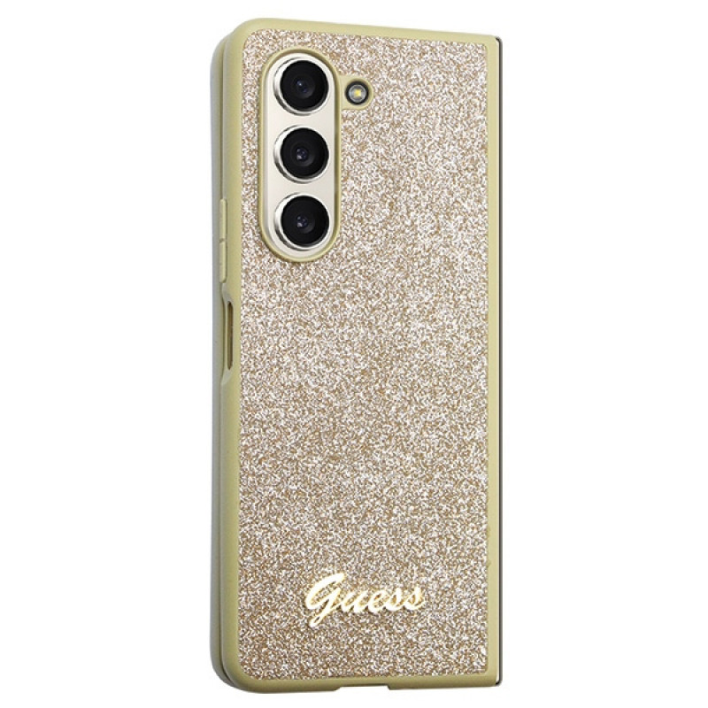 Guess GUHCZFD5HGGSHD Glitter Script cietais maciņš Samsung Galaxy Z Fold5, zelta
