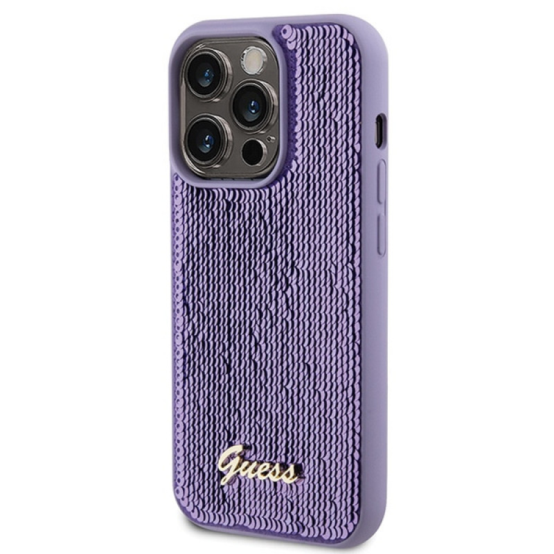 Guess GUHCP15XPSFDGSU Sequin Script Metal cietais maciņš Apple iPhone 15 Pro Max, purpura