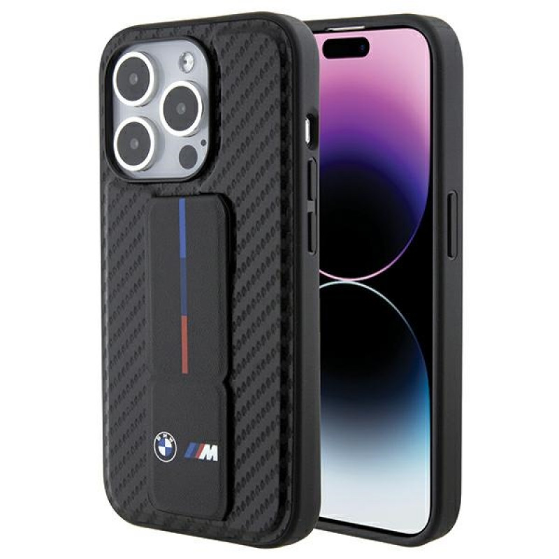 BMW BMHCP15LGSPCCK Apple iPhone 15 Pro cietais futrālis Grip Stand Smooth & Carbon, melns