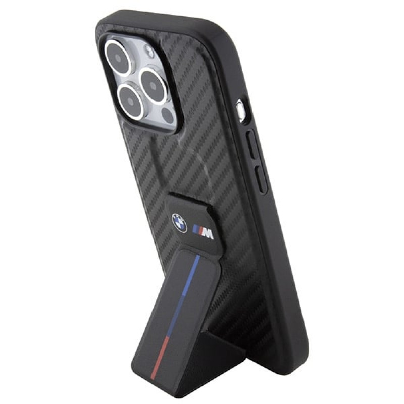 BMW BMHCP15LGSPCCK Apple iPhone 15 Pro cietais futrālis Grip Stand Smooth & Carbon, melns