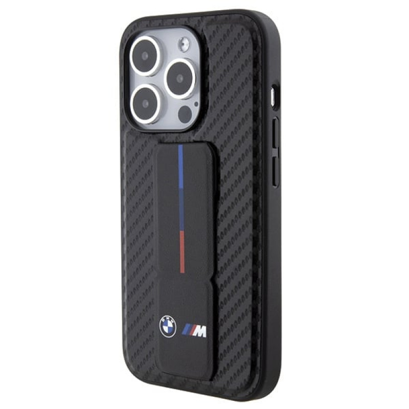 BMW BMHCP15LGSPCCK Apple iPhone 15 Pro cietais futrālis Grip Stand Smooth & Carbon, melns