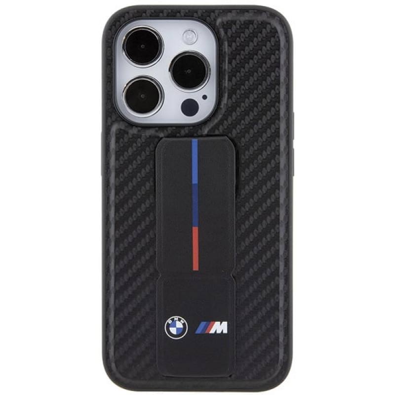 BMW BMHCP15LGSPCCK Apple iPhone 15 Pro cietais futrālis Grip Stand Smooth & Carbon, melns