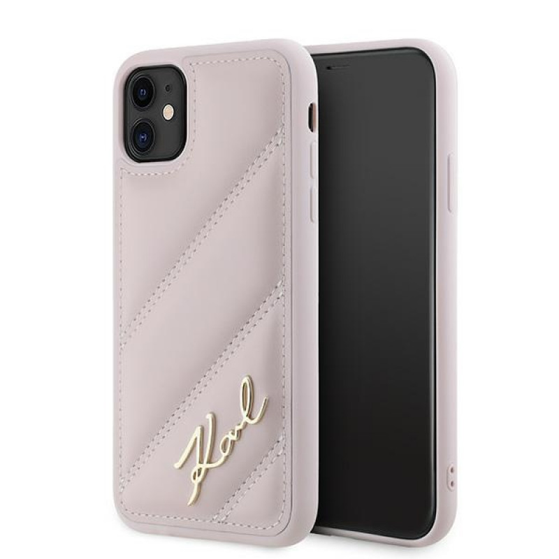 Karl Lagerfeld KLHCN61PQDSMGP Apple iPhone 11 / XR cietais maciņš Diagonal Quilted Script, rozā