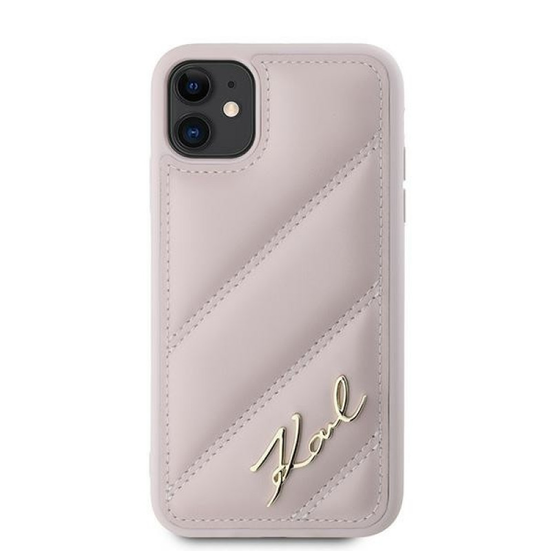 Karl Lagerfeld KLHCN61PQDSMGP Apple iPhone 11 / XR cietais maciņš Diagonal Quilted Script, rozā