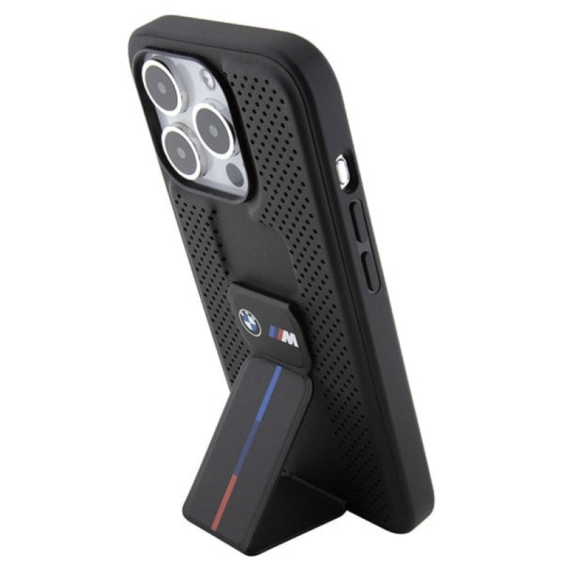 BMW BMHCP15LGSPPRK Apple iPhone 15 Pro cietais maciņš Grip Stand Smooth & Perforated, melns