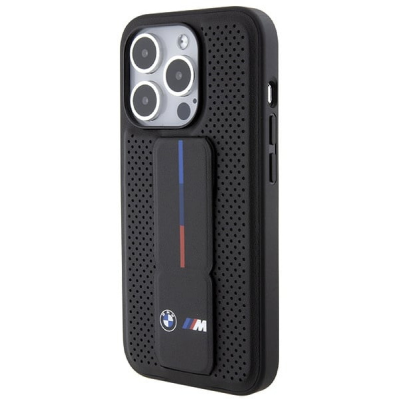 BMW BMHCP15LGSPPRK Apple iPhone 15 Pro cietais maciņš Grip Stand Smooth & Perforated, melns