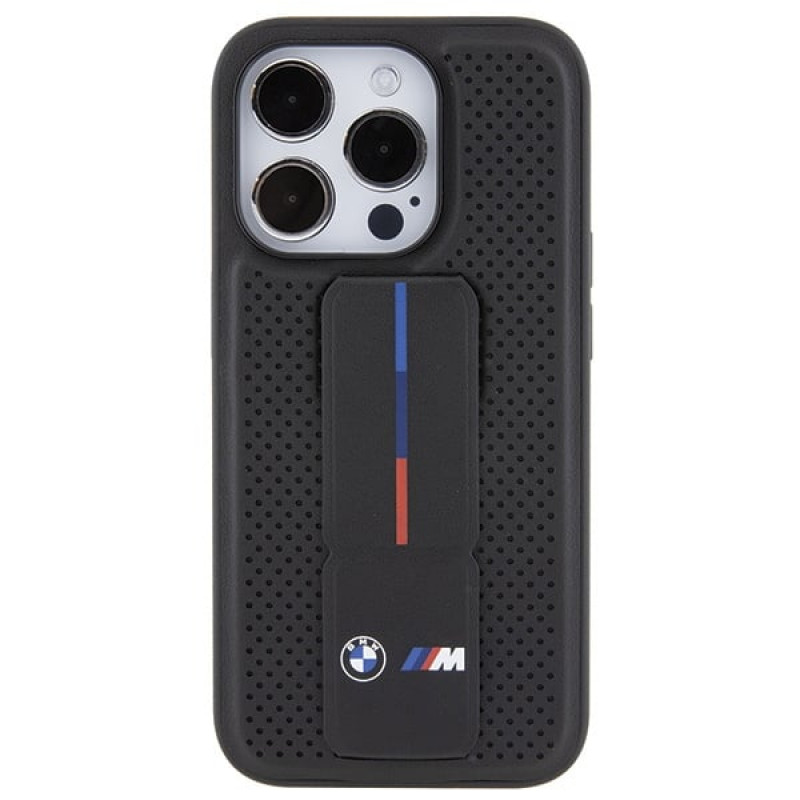 BMW BMHCP15LGSPPRK Apple iPhone 15 Pro cietais maciņš Grip Stand Smooth & Perforated, melns