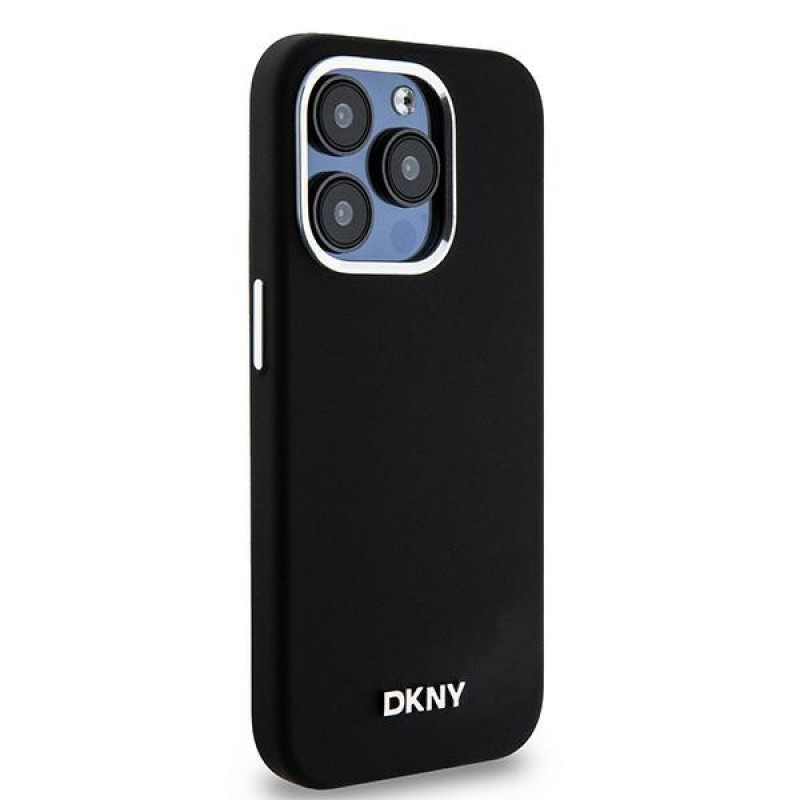 DKNY Apple iPhone 15 Pro cietais futrālis Liquid Silicone Small Metal Logo MagSafe, melns