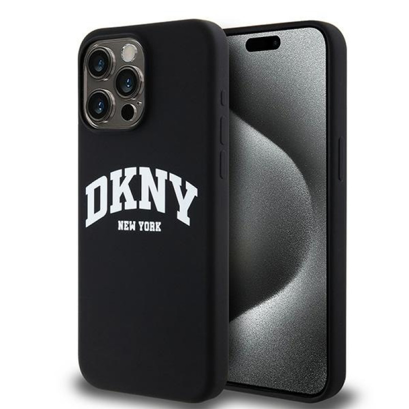 DKNY Apple iPhone 15 Pro Max cietais maciņš Liquid Silicone White Printed Logo MagSafe, melns