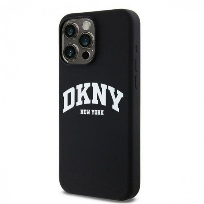 DKNY Apple iPhone 15 Pro Max cietais maciņš Liquid Silicone White Printed Logo MagSafe, melns
