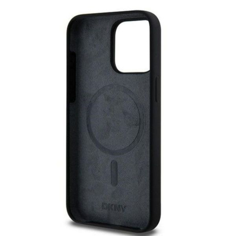 DKNY Apple iPhone 15 Pro Max cietais maciņš Liquid Silicone White Printed Logo MagSafe, melns